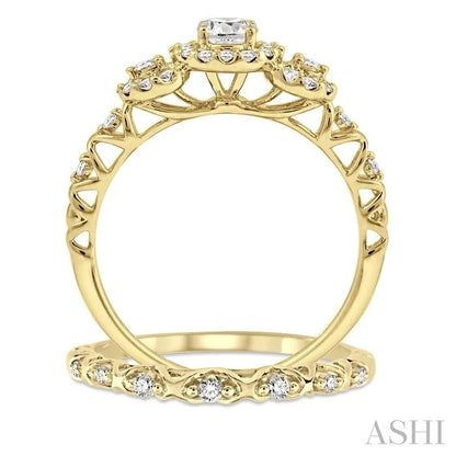 Round Shape Past Present & Future Halo Diamond Wedding Set