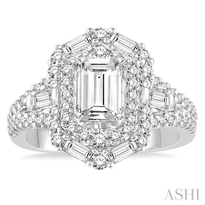 Emerald Shape Semi-Mount Halo Diamond Engagement Ring
