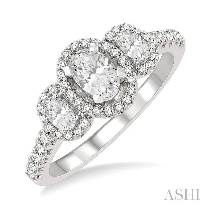 Oval Shape Past Present & Future Semi-Mount Halo Diamond Engagement Ring