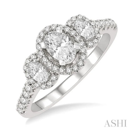 Oval Shape Past Present & Future Semi-Mount Halo Diamond Engagement Ring