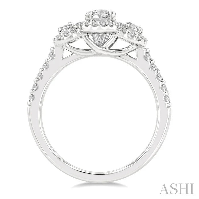 Oval Shape Past Present & Future Semi-Mount Halo Diamond Engagement Ring