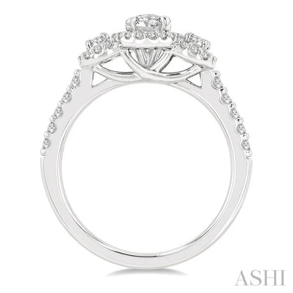 Oval Shape Past Present & Future Semi-Mount Halo Diamond Engagement Ring