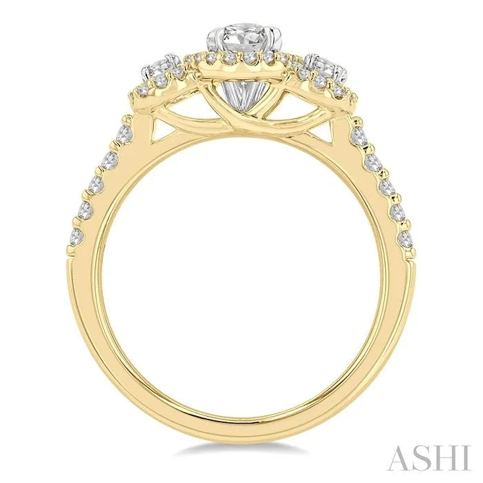 Oval Shape Past Present & Future Semi-Mount Halo Diamond Engagement Ring
