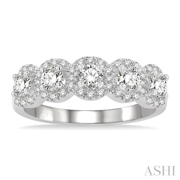 Round Shape 5 Stone Halo Half Eternity Diamond Wedding Band