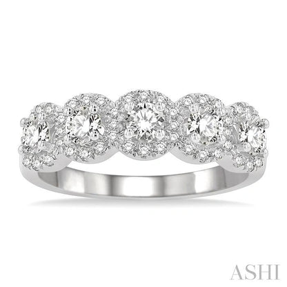 Round Shape 5 Stone Halo Half Eternity Diamond Wedding Band