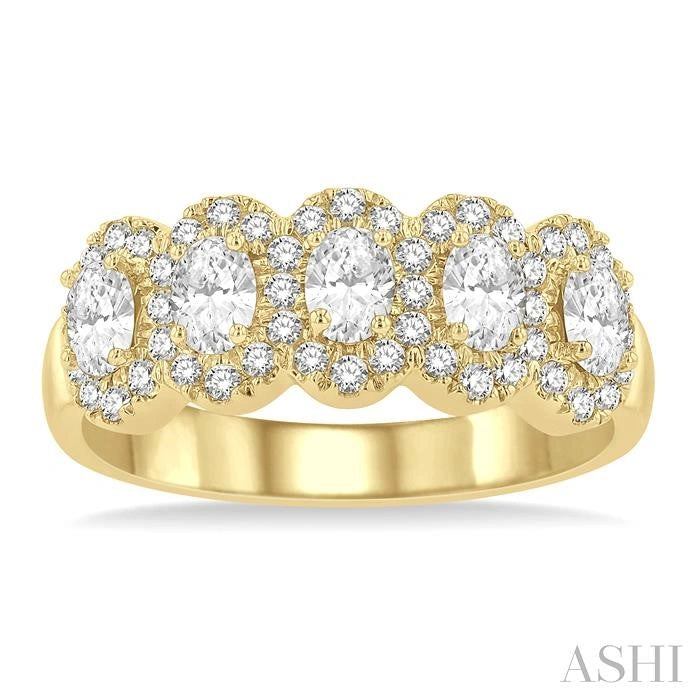 Oval Shape 5 Stone Halo Half Eternity Diamond Wedding Band