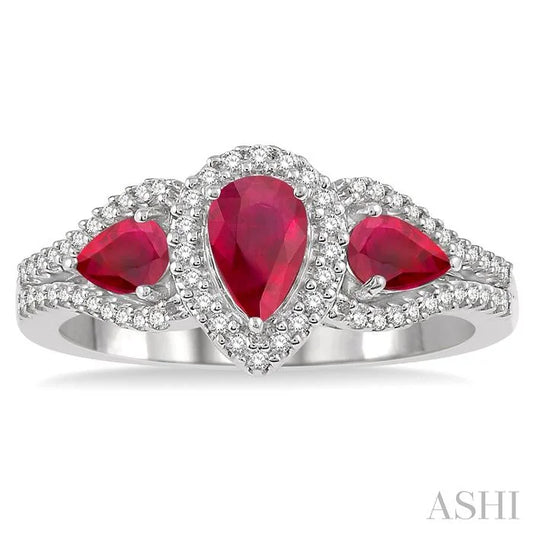 Pear Shape Past Present & Future Gemstone & Halo Diamond Ring