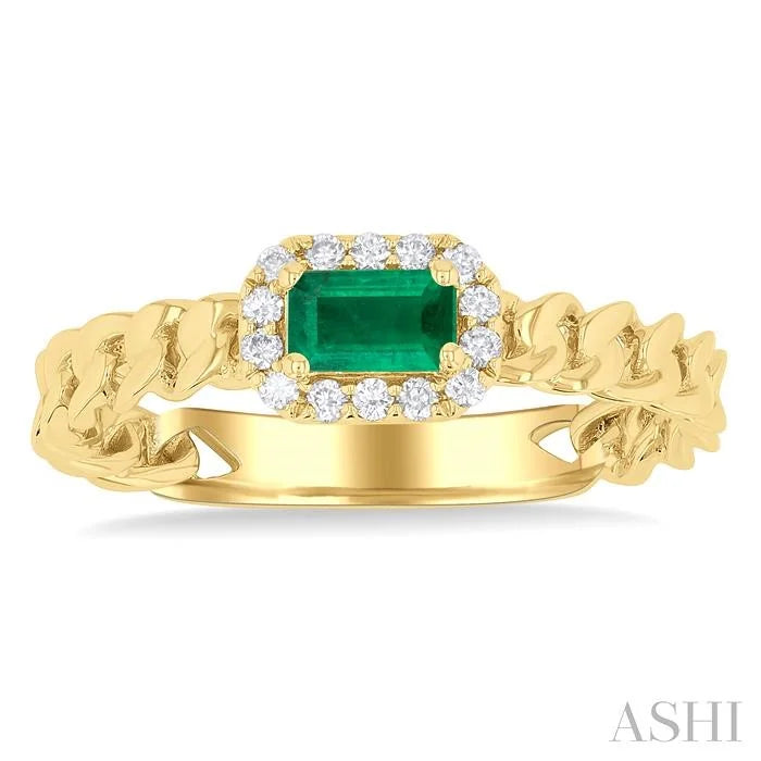 Emerald Shape Curb & Cuban East-West Gemstone & Halo Diamond Ring
