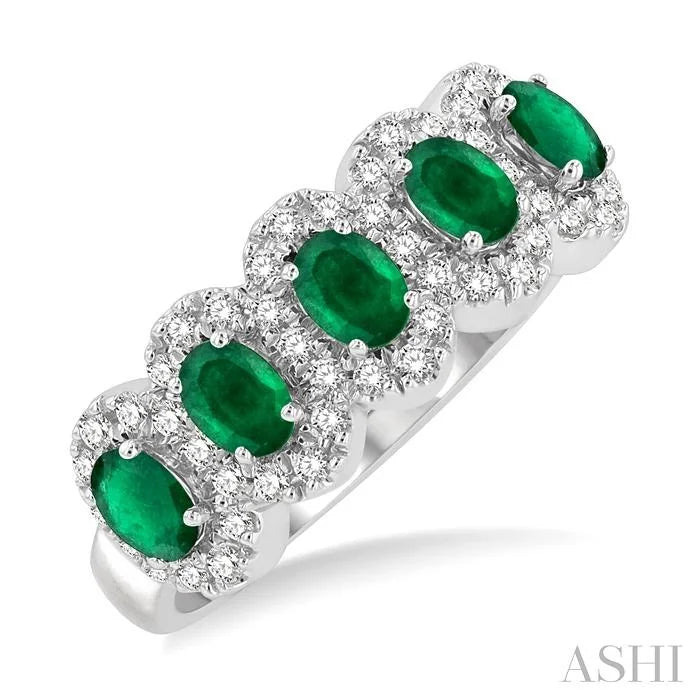Oval Shape 5 Gemstone & Halo Diamond Wedding Band