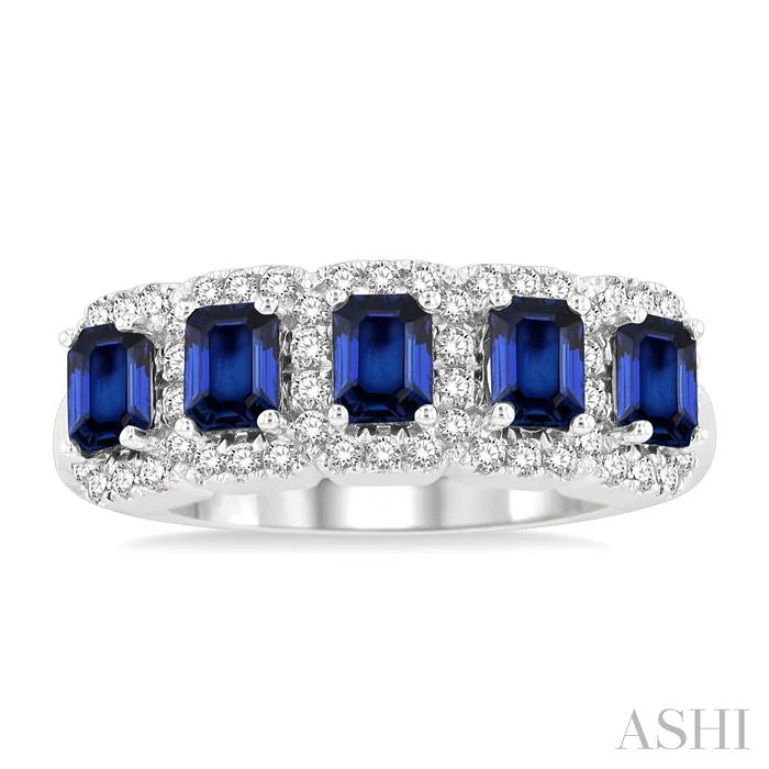 Emerald Shape 5 Gemstone & Halo Diamond Wedding Band