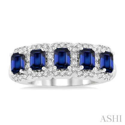 Emerald Shape 5 Gemstone & Halo Diamond Wedding Band