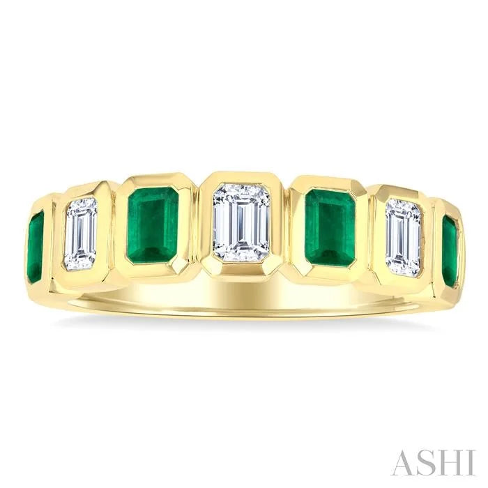 7 Alternate Emerald Shape Gemstone & Diamond Fashion Band