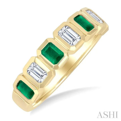 7 Alternate Emerald Shape Gemstone & Diamond Fashion Band