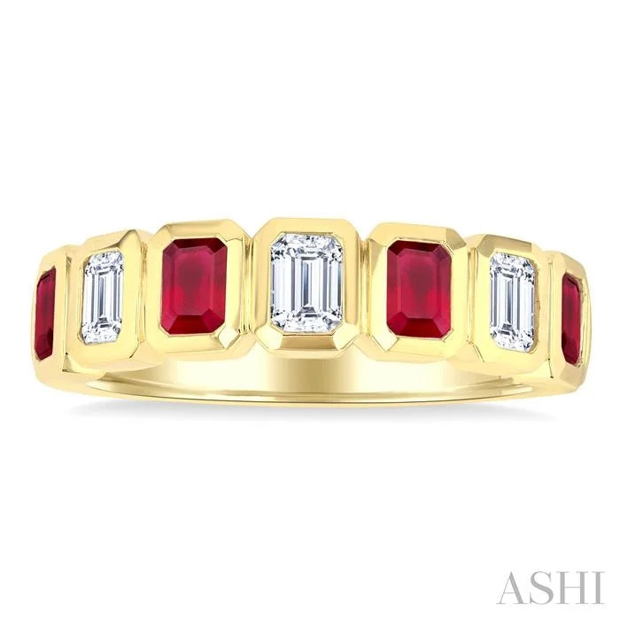 7 Alternate Emerald Shape Gemstone & Diamond Fashion Band