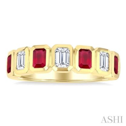 7 Alternate Emerald Shape Gemstone & Diamond Fashion Band