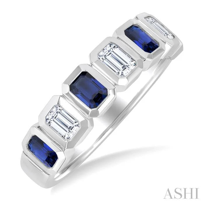 7 Alternate Emerald Shape Gemstone & Diamond Fashion Band