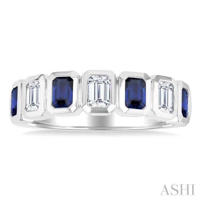 7 Alternate Emerald Shape Gemstone & Diamond Fashion Band