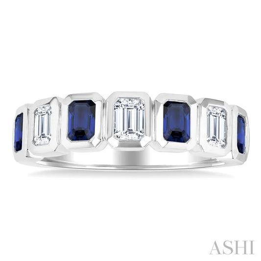 7 Alternate Emerald Shape Gemstone & Diamond Fashion Band