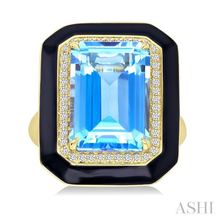 Evoque Gemstone Emerald Shape Black Enamel & Halo Diamond Ring