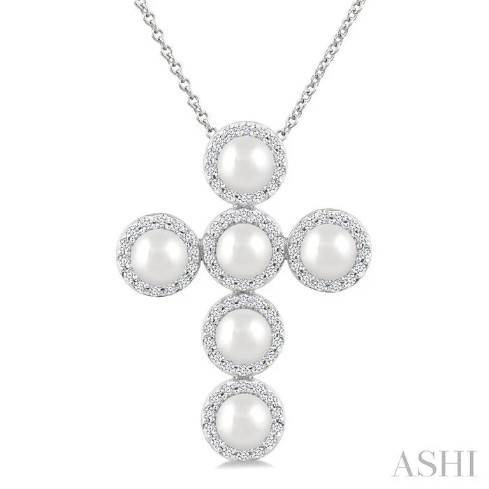 Cross Pearl & Halo Diamond Fashion Pendant