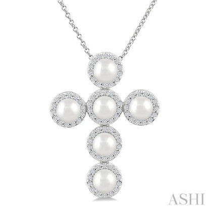 Cross Pearl & Halo Diamond Fashion Pendant