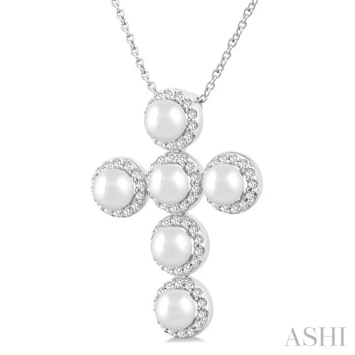 Cross Pearl & Halo Diamond Fashion Pendant
