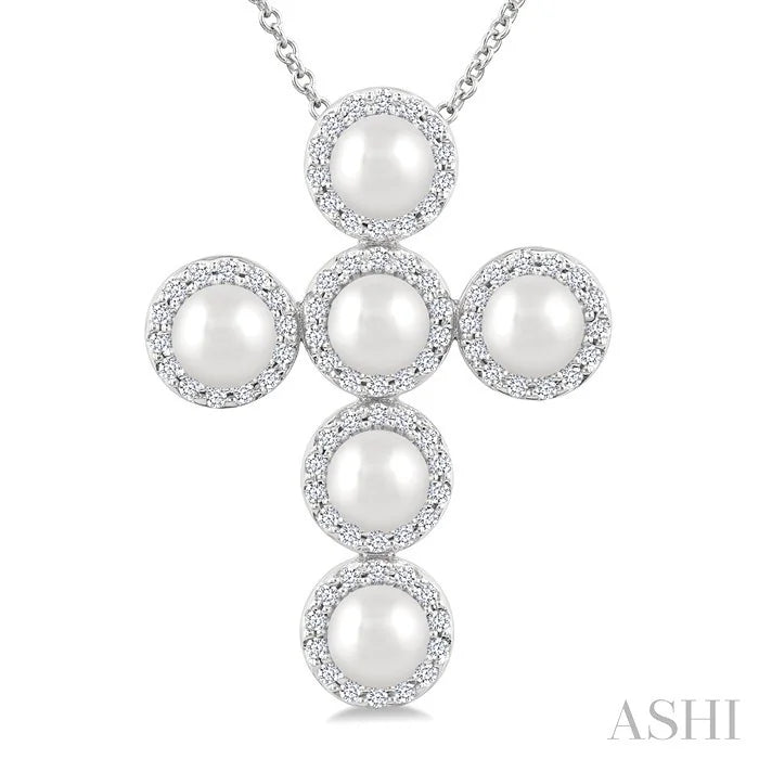 Cross Pearl & Halo Diamond Fashion Pendant