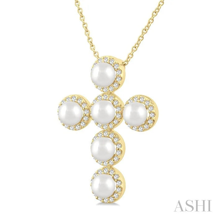 Cross Pearl & Halo Diamond Fashion Pendant