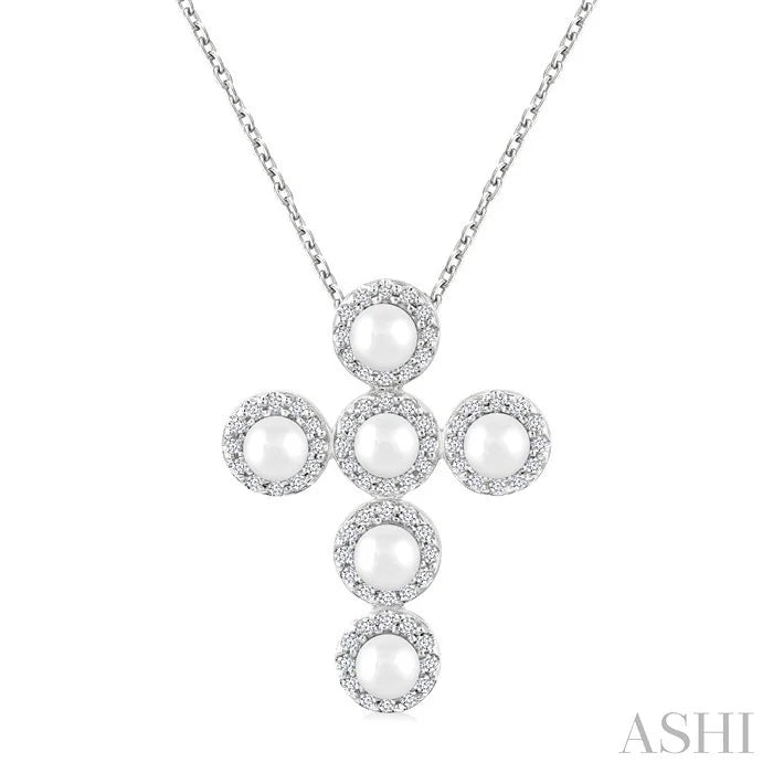Cross Pearl & Halo Diamond Fashion Pendant