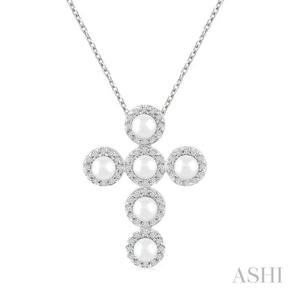 Cross Pearl & Halo Diamond Fashion Pendant