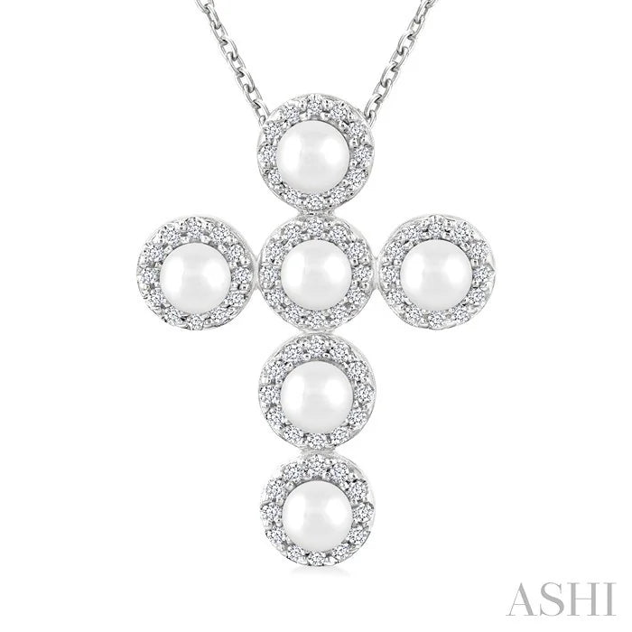 Cross Pearl & Halo Diamond Fashion Pendant