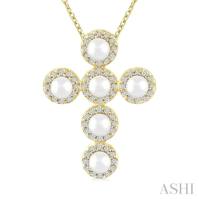 Cross Pearl & Halo Diamond Fashion Pendant