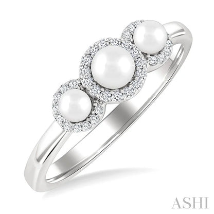 Round Shape Past Present & Future Pearl & Halo Diamond Ring