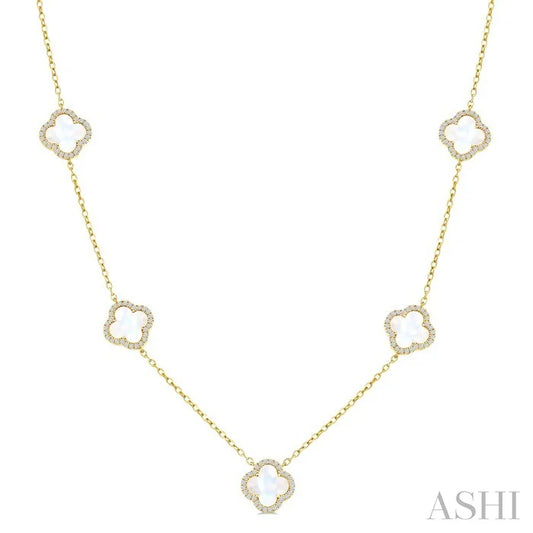 Clover Mother Of Pearl & Halo Diamond Station Necklace