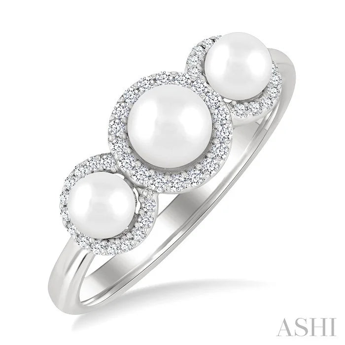 Round Shape Past Present & Future Pearl & Halo Diamond Ring