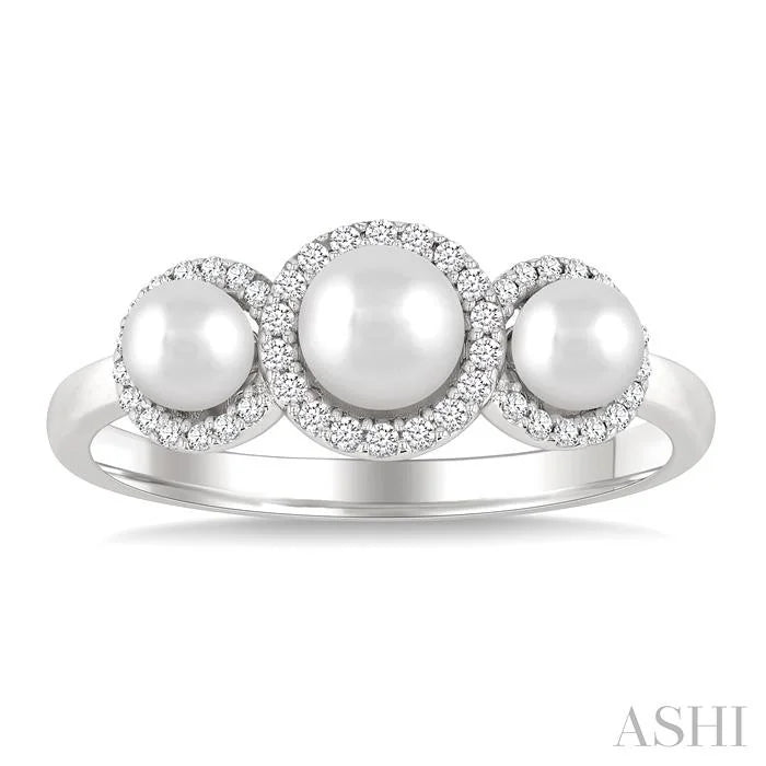 Round Shape Past Present & Future Pearl & Halo Diamond Ring
