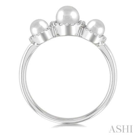 Round Shape Past Present & Future Pearl & Halo Diamond Ring