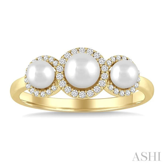 Round Shape Past Present & Future Pearl & Halo Diamond Ring