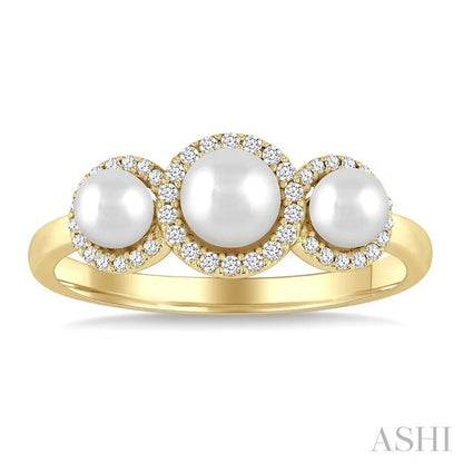 Round Shape Past Present & Future Pearl & Halo Diamond Ring