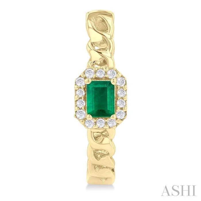 Emerald Shape Curb & Cuban Gemstone & Halo Diamond Fashion Hoop Earrings