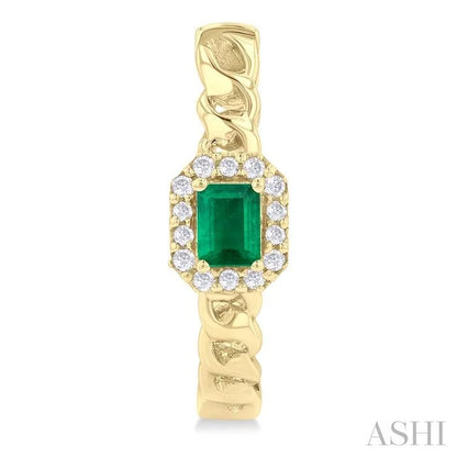 Emerald Shape Curb & Cuban Gemstone & Halo Diamond Fashion Hoop Earrings