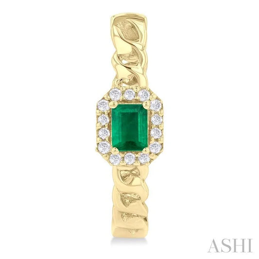 Emerald Shape Curb & Cuban Gemstone & Halo Diamond Fashion Hoop Earrings
