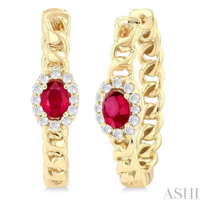 Oval Shape Curb & Cuban Gemstone & Halo Diamond Fashion Hoop Earrings