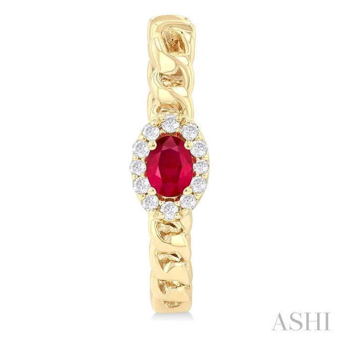 Oval Shape Curb & Cuban Gemstone & Halo Diamond Fashion Hoop Earrings