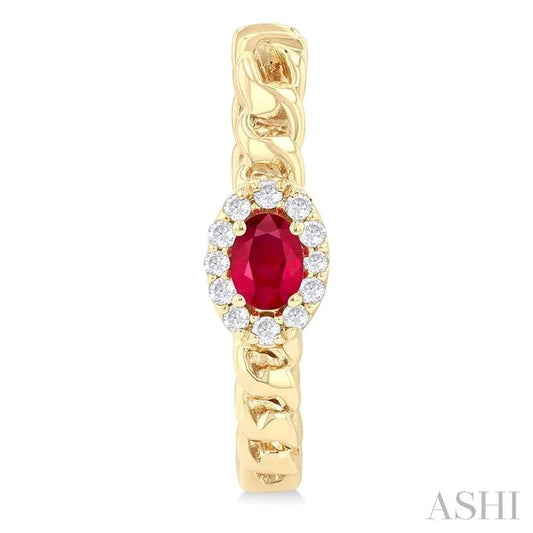 Oval Shape Curb & Cuban Gemstone & Halo Diamond Fashion Hoop Earrings