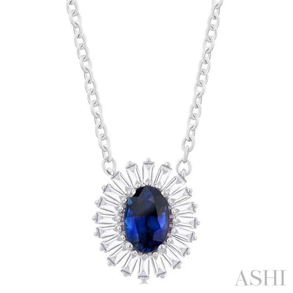 Oval Shape Gemstone & Baguette Halo Diamond Pendant