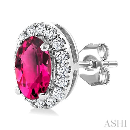 Oval Shape Gemstone & Halo Diamond Earrings