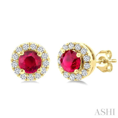 Round Shape Gemstone & Halo Diamond Earrings