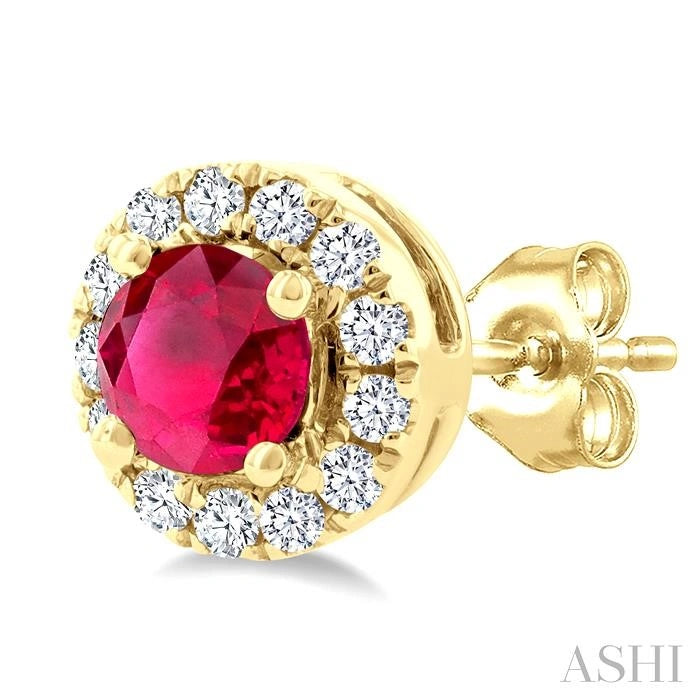 Round Shape Gemstone & Halo Diamond Earrings