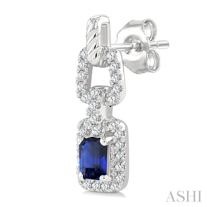 Emerald Shape Gemstone & Diamond Link Earrings